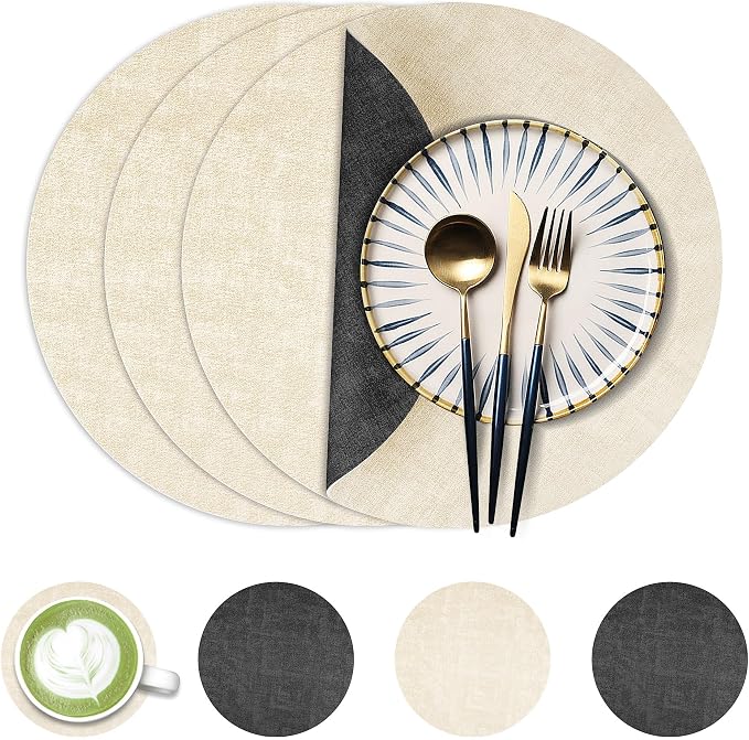 13-Inch Faux Leather Round Placemats Set of 4, Waterproof Anti-Slip Dual Sided Place mats, Heat Resistant Washable Table Mats with Coaster, Suitable for Indoor & Outdoor (4, Black Beige)