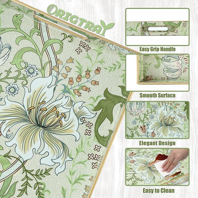 Serving Tray with Handles, Rectangular Plastic Tray with Floral Artwork – 15.75"x11.81" Large Decorative Tray Featuring Lily & Tulip Design – Home Decor for Kitchen, Coffee Table, Office & Home