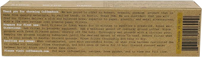 CoffeeSock Reusable Hario V60 Coffee Filters Size 01 – 2 Pack GOTS Certified Organic Cotton Cloth Pour Over Filter for V60-01 Dripper, Better Flavor Than Paper, Eco-Friendly Zero Waste