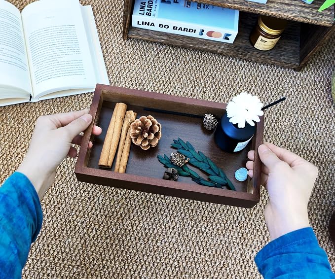 3 Pack Small Serving Mini Tray with Handles - 9.8 Inch Bamboo Tray | Rectangular Tray for Coffee Table, Kitchen Counter, Ottoman | Decorative Organizer for Drinks, Snacks, Bathroom Essentials