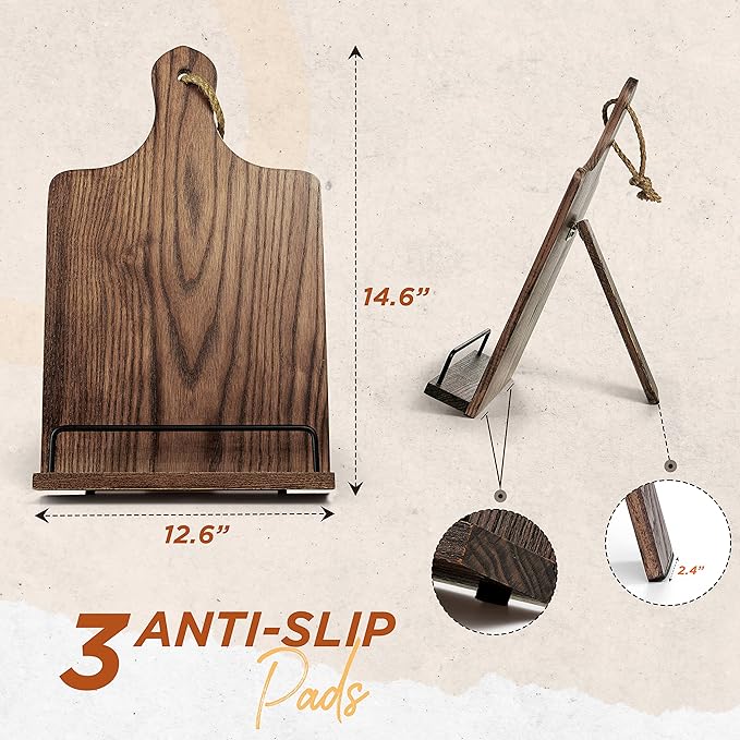 FANATU Cookbook Stand, Rustic Wood Cookbook Holder Cutting Board Style, Adjustable Recipe Ipad Tablet Book Holder and Stand for Kitchen with Anti-Slip Kickstand (Dark Brown)