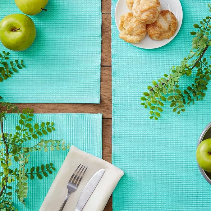 DII Basic Everyday Ribbed Tabletop 100% Cotton, Placemat Set, 13x19, Aqua, 6 Piece