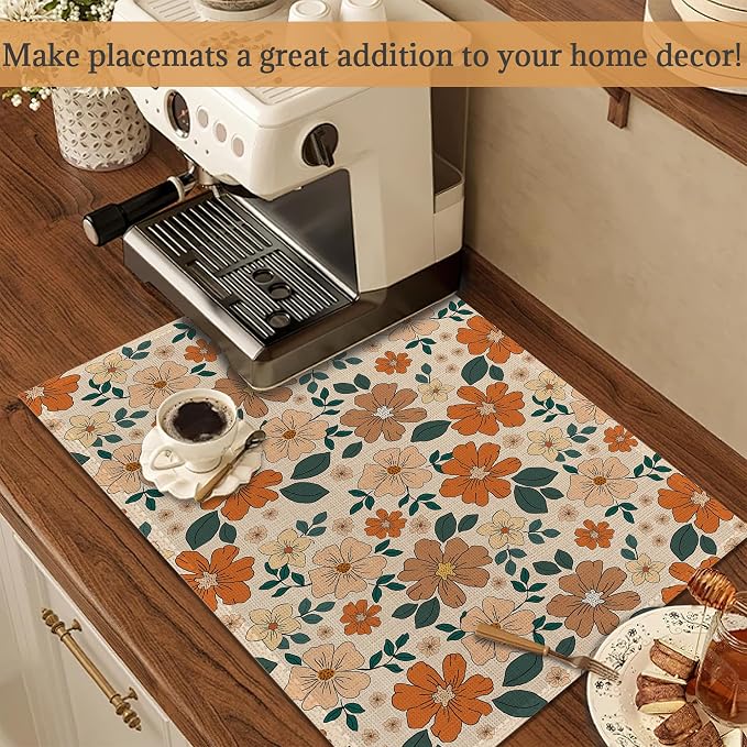 70s Retro Floral Flowers Placemats Set of 6 Washable Table Mats for Kitchen Dining Table,Heat-Resistant Place Mats for Indoor Outdoor Party Holiday Decoration