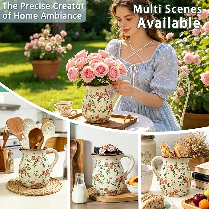 Ceramic Utensil Holder for Kitchen Counter, 6.1 Inch Modern Farmhouse Rustic Cooking Utensil Holder for Countertop Home Decor, Vintage Utensil Organizer Crock for Cooking & Spoon Tools (Red Rose)
