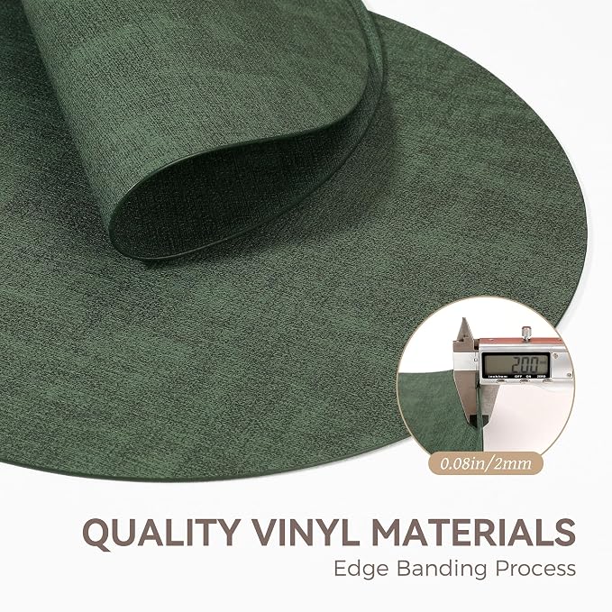 13" Round Placemats Set of 4, Reversible Faux Leather Heat Resistant Table Mats, Waterproof Oilproof Wipeable Table Protective Placemats for Vinyl, Washable for Indoor & Outdoor Use (4, Dark Green)
