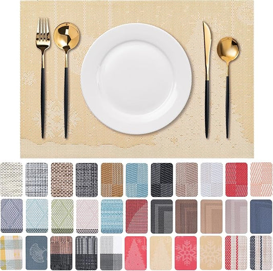 CADONO Placemats Set of 6 Washable Indoor/Outdoor Vinyl Place Mats for Dining Table Durable Non-Slip Heat Resistant PVC Weave Table Mats（Christmas Tree-Gold）