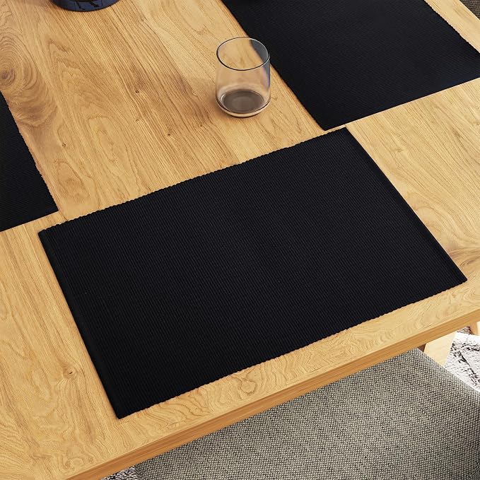 Encasa XO Dining Placemat Set of 6 | Solid Black Color | Fine Ribbed Cotton Table mat | Size 19x13 in | Machine Washable