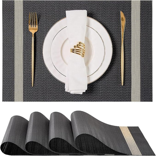 Leetaltree Black Vinyl Woven Placemats Set of 4 - Washable Dining Table Place Mats Striped, Suitable for Wedding, Anniversary, Daily Use
