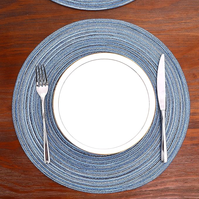 SHACOS Round Braided Placemats Set of 6 Circle Place Mats Kitchen Table Mats for Dining Table Wedding Party (Blue Gray, 6)