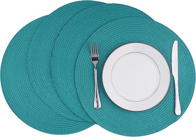 Round Braided Placemats Set of 4 Washable Easy to Clean Place Mats for Dining Tables Woven Non-Slip Heat Resistant Table Mats 15 Inch (Blue)