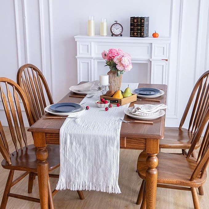 Simple&Opulence Linen Cotton Table Runner - 14 x 108 Inch, Farmhouse Linen Table Runner with Fringed Edges for Bohemian Rustic Wedding, Bridal Shower, Dinner （ White ）