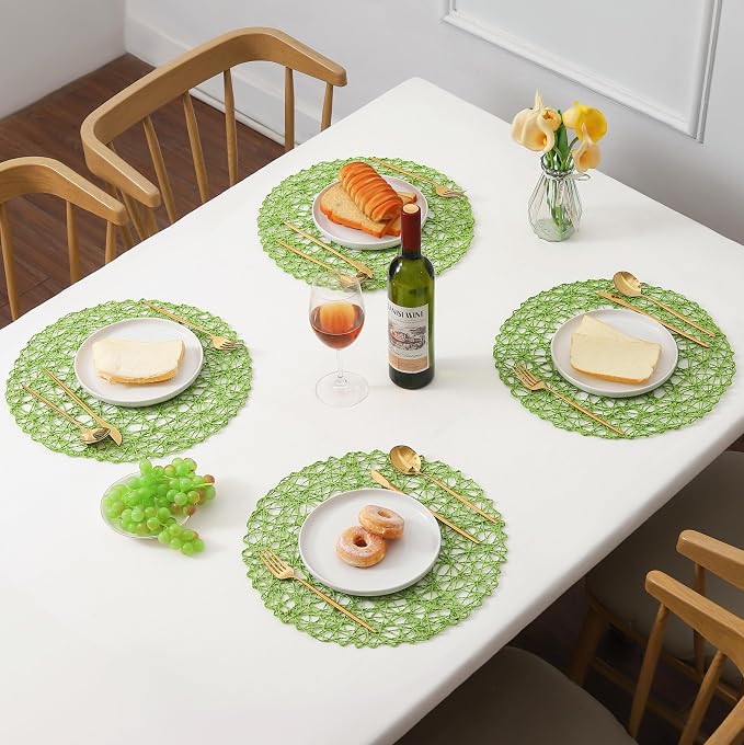 IcosaMro Grass Green Round Placemats Set of 6 for Dining Table, 15 Inch Paper Woven Boho Decorative Circle Place Mat for Wedding Christmas Thanksgiving Day Holiday Dinner, Grass Green