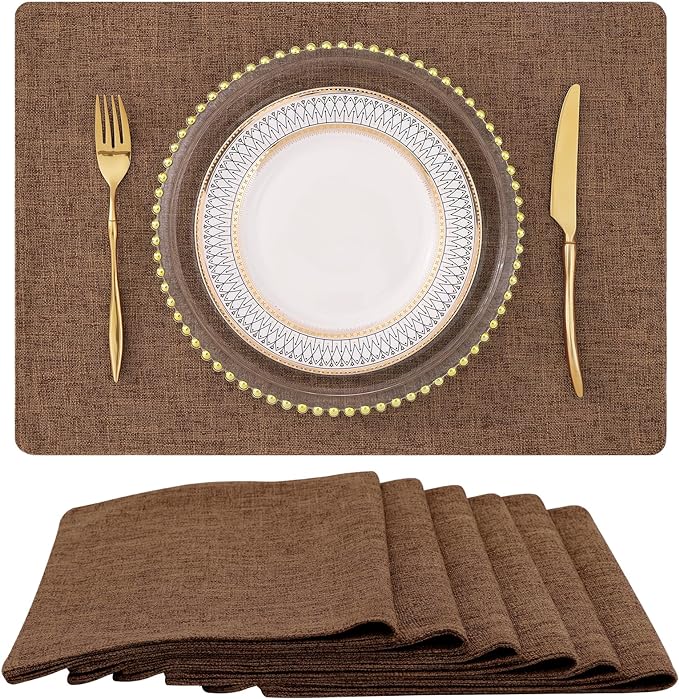 homing Faux Cotton Linen Placemats Set of 6, Cloth Washable Farmhouse Dining Table Mats for Indoors & Outdoors, Easy to Clean, Brown, 13 x 19 Inch