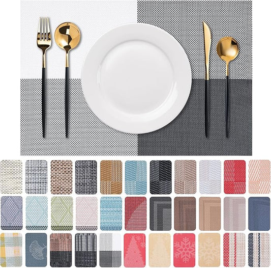 Placemats Set of 6 Washable Indoor/Outdoor Vinyl Place Mats for Dining Table Durable Non-Slip Heat Resistant PVC Weave Table Mats(Black White)