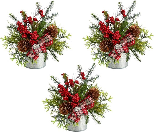 Nearly Natural 12in. Holiday Winter Pinecones, Berries, Greenery and Plaid Bow Artificial Christmas Table Arrangement (Pack of 3)