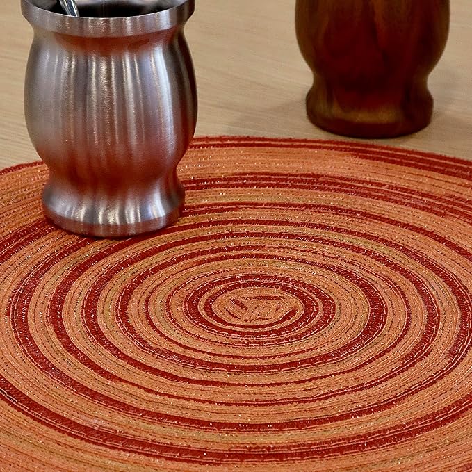 Youyi Table Placemats Set of 6, Round Place Mats 15 Inch Washable Heat Resistant Durable Woven Braided Placemats Farmhouse Boho Table Mats for Dining, Dark Orange