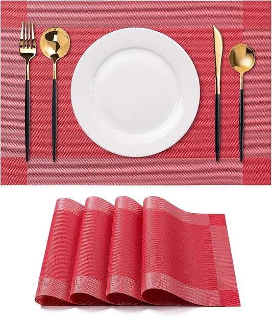 CADONO Placemats Set of 4 Washable Indoor/Outdoor Vinyl Place Mats for Dining Table Durable Non-Slip Heat Resistant PVC Weave Table Mats（Four-Corner-Red）