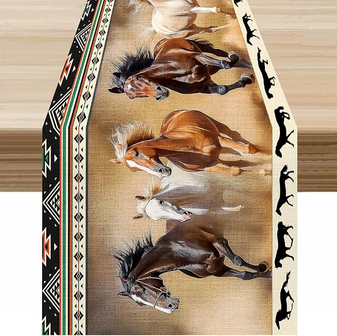 Horse Table Runner, Vintage Western Desert Aztec Abstract Geometric Navajo Wild Horse Running Table Decor Table Top Dining Kitchen Wedding Party 13x70 in