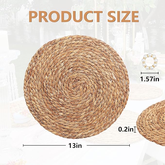 Alijoy 13 Inch Round Woven Placemats Set of 10 with Pearl Napkin Rings - Rattan Chargers for Dinner Plates, Natural Water Hyacinth Wicker Placemats, Rustic Placemat Boho Farmhouse Dining Table Deco