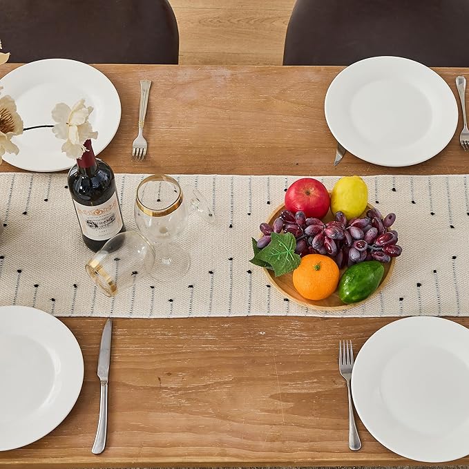 Table Runner 48 Inches Long, Boho Style with Handmade Tassels, 70% Cotton & 30% Linen, Modern Farmhouse Home Decor for Living Room (Beige Black, 12x48 Inch)