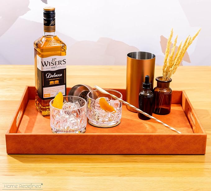 Home Redefined Beautiful Modern Elegant 17.5"x12" Rectangle Orange Faux Leather Decorative Tray Ottoman Coffee Table Perfume Living Room Kitchen Serving Tray with Handles for All Occasion's