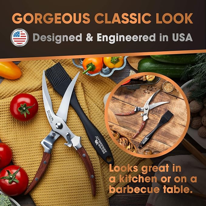 Heavy Duty Poultry Shears - Professional Stainless Steel Kitchen Scissors for Bone, Chicken, Meat, Fish & Vegetables - Spring Loaded (Brown Wood Handles)