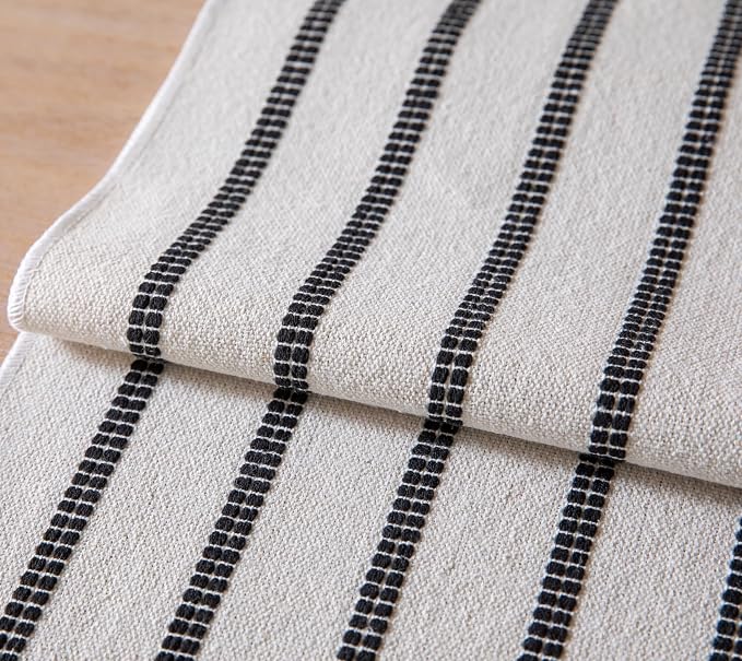 Caflife Boho Table Runner 108 Inchs Long Black and Beige, Cotton and Linen Woven with Tassels, for Modern Rustic Farmhouse Neutral Table Runners, Bohemian Kitchen Dining Table Home Decor