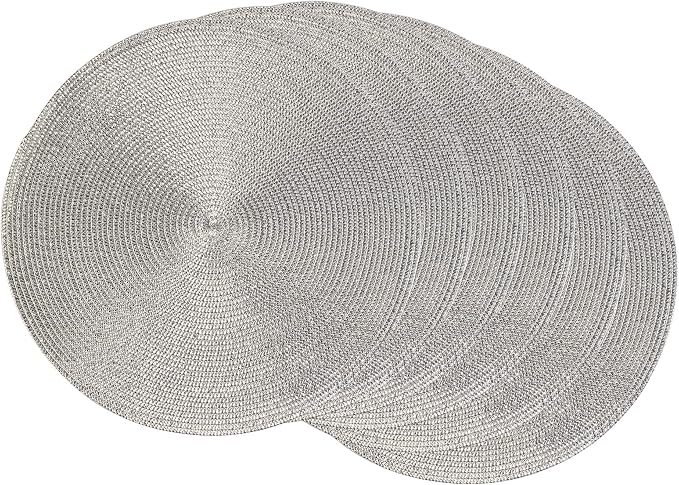 DII Woven Placemats Collection Metallic Round Placemat Set, 15", Silver, 6 Piece
