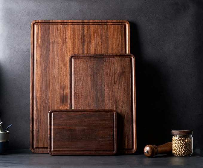 AZRHOM Small Walnut Wood Cutting Board for Kitchen 12x8 in (Gift Box) with Juice Groove Handles Non-slip Mats Thick Reversible Butcher Block Chopping Board