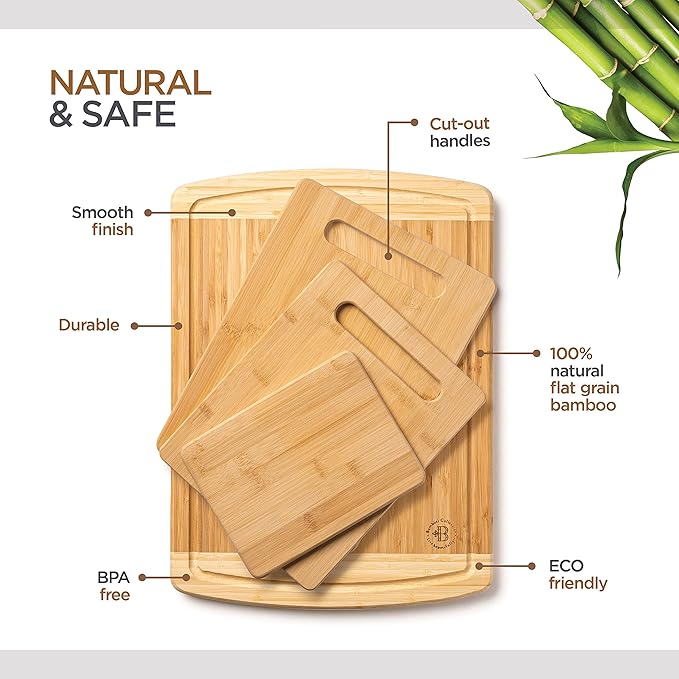 Bamboo Cutting Board Set of 4 - Wooden Cutting Boards for Kitchen with Juice Groove - Large Butcher Block, Cheese Board & Charcuterie Board for Meat, Vegetables, and Cheese - Great Kitchen Gift
