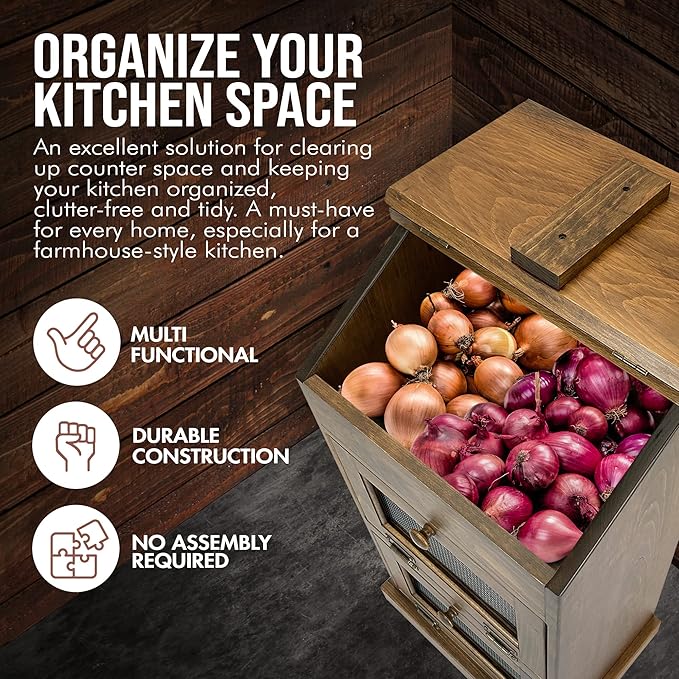 Peaceful Classics Potato Storage Wood Box, Wooden Bread Bins, Decorative and Onion Bin, Bin w/ Grocery Section, Vegetable Lid for Kitchen Pantry, Special Walnut, KS302SW