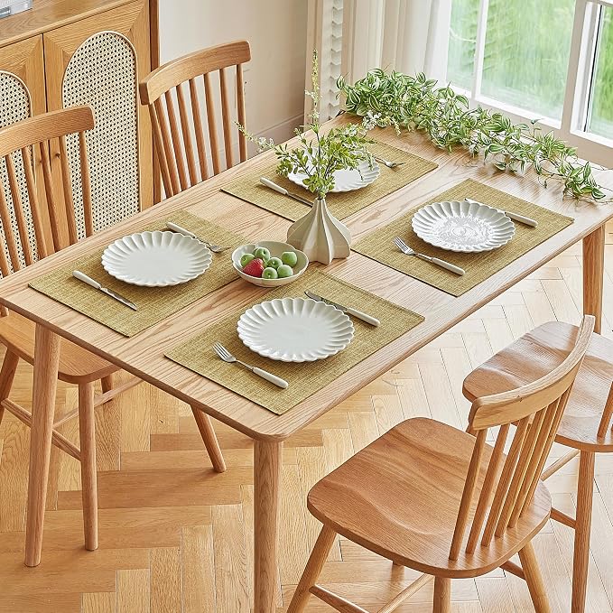 Softalker Faux Linen Placemats Set of 6-12 x 18 Inch, Heat Resistant Double Layered Durable Burlap Farmhouse Place Mats, Non-Slip Washable Rustic Table Mats for Dining, Kitchen, Party（Khaki