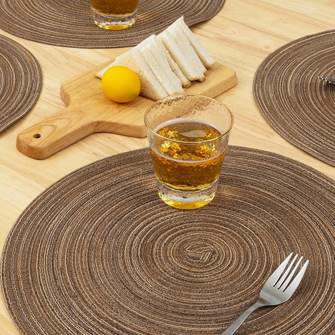 Winknowl Round Braided Placemats Set of 6 Washable Woven Heat Resistant Table Mats for Kitchen Dining Tables 15 inch Round Place Mats (Brown,6)