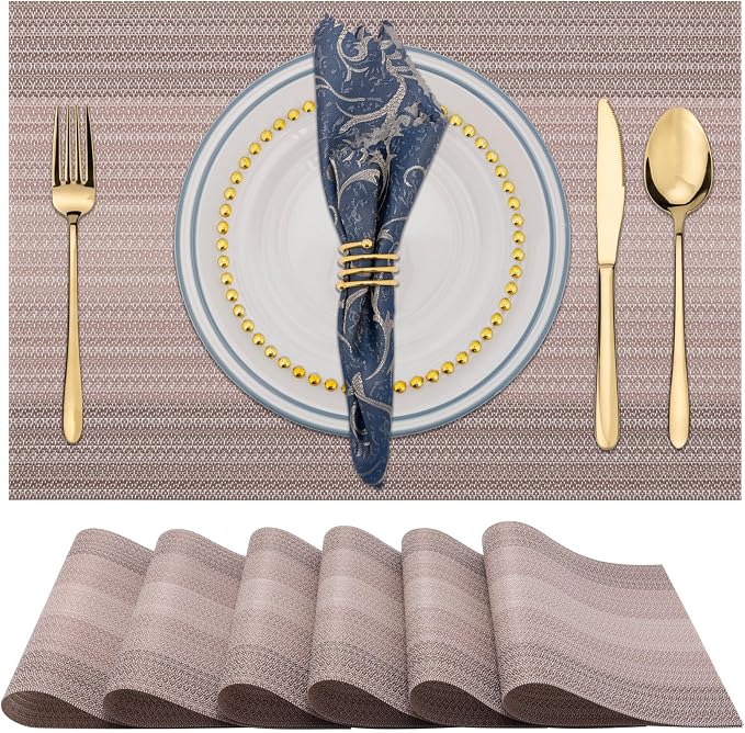 Winknowl Placemats Set of 6, Washable Vinyl Woven Placemats, Heat Resistant & Wipeable Table Mats for Kitchen Dining Table (Pink Gold)