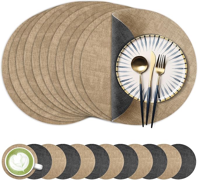 13-Inch Faux Leather Round Placemats Set of 12, Waterproof Anti-Slip Dual Sided Place mats, Heat Resistant Washable Table Mats with Coaster, Suitable for Indoor & Outdoor (12, Black Light Coffee)