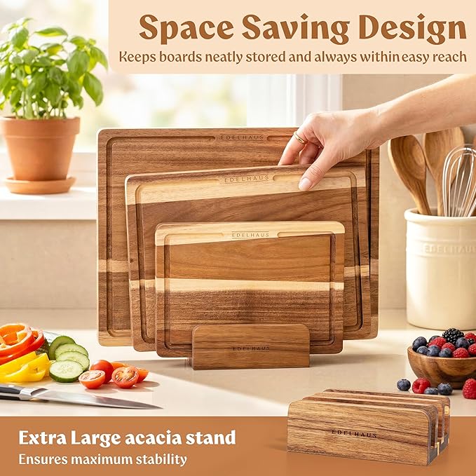 Acacia Wood Cutting Board for Kitchen, Non-Toxic Cutting Board Set of 3, Chopping Boards with Deep Juice Groove for Meat, Cheese & Vegetables - Durable & Double sided with serving Compartments