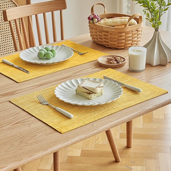 Softalker Faux Linen Placemats Set of 8-12 x 18 Inch, Heat Resistant Double Layered Durable Burlap Farmhouse Place Mats, Non-Slip Washable Rustic Table Mats for Dining, Kitchen, Party（Yellow