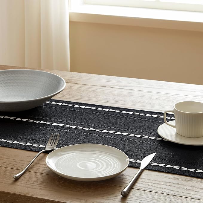 Hemstitched Farmhouse Table Runner, Black 13x72 Inch, Cotton Linen Table Runners 72 Inches Long, Embroidered Striped Orange Boho Table Runner Rustic Home Decor
