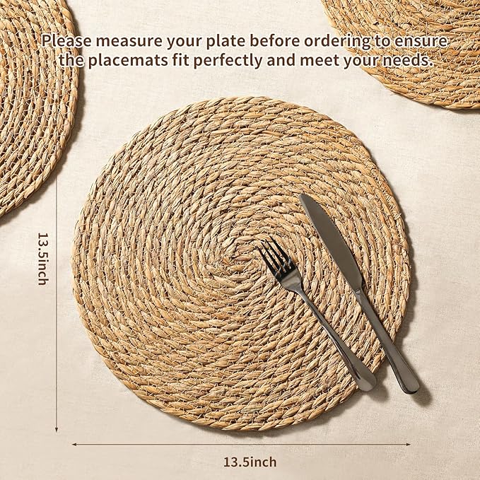 Round Woven Placemats Set of 4, 13.5'' Boho Rattan Chargers for Dinner Plates, Rustic Wicker Place Mats, Straw Braided Table Placemats, for Dining Table Decor, Wedding, Farmhouse and Outdoor