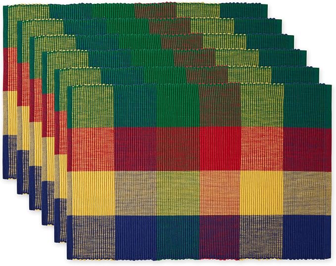 DII Basic Everyday Ribbed Tabletop 100% Cotton, Placemat Set, 13x19, Summer Check, 6 Piece
