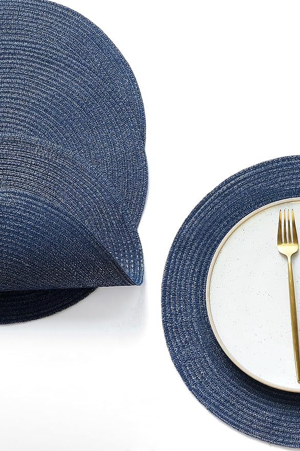 Floroom 15 Inch Round Braided Placemats Set of 4, Washable Heat Resistant Cotton Polyester Circle Place Mats for Kitchen Dining Table - Navy Blue