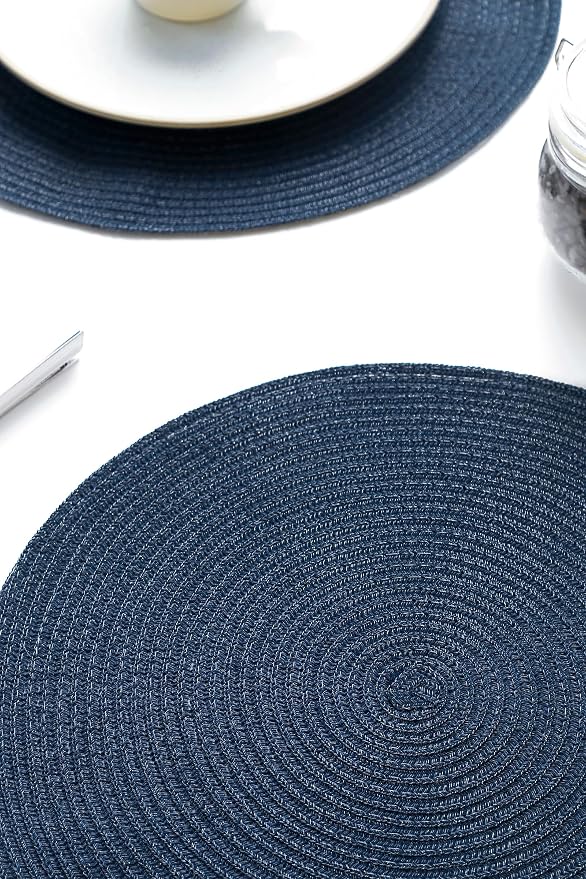 Floroom 15 Inch Round Braided Placemats Set of 4, Washable Heat Resistant Cotton Polyester Circle Place Mats for Kitchen Dining Table - Navy Blue
