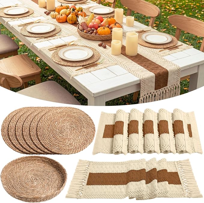 Boho Placemats 4/6/8 Set of Round Woven Placemat Macrame Style Bicolor Stitching Long Table Runner Farmhouse Rustic Natural Burlap Cotton for Kitchen Dining Table(6 Sets,Caramel Color,12x72)