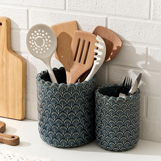 JIEMEI HOME Kitchen Utensil Holder, Large 7.5"+6.2" Petal Ceramic Utensil Crock for Countertop, Utensil Holder with Cork Mat, Morden Utensil Organizer for Spatula, Kitchen Decor, Set of 2- Blue