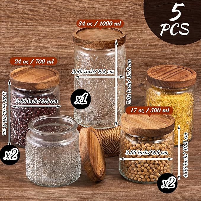 Gerrii 5 Pcs Vintage Glass Food Storage Containers 17/24/34 oz Glass Jar with Lid Airtight Candy Food Canisters for Kitchen Counter Pantry Coffee Beans(Clear,Begonia，sunflower ，window Grilles Round)