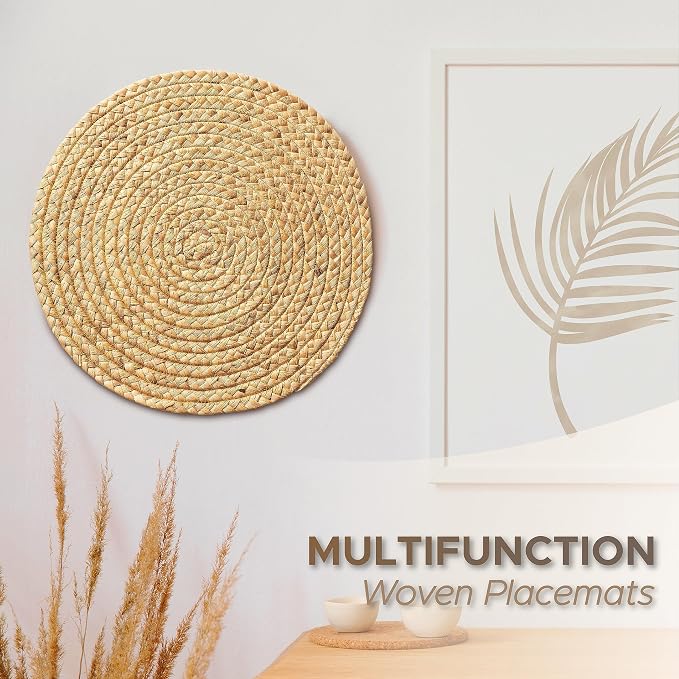 BLUEWEST Woven Placemats - 13" Boho Round Rattan Placemats (Pack of 10) - Wicker Water Hyacinth Braided Set - Heat Resistant/Anti-Slip/Durable for Dinner Plate, Dining Table