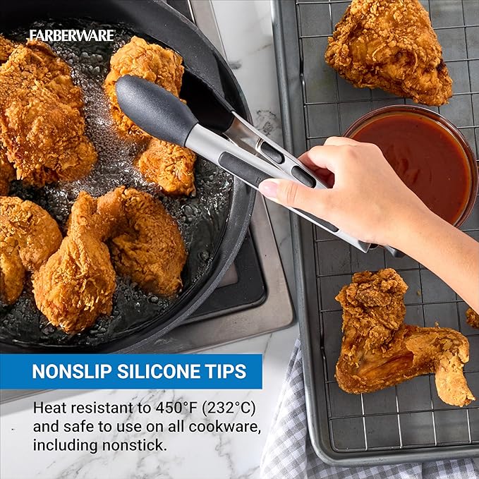 Farberware Silicone-Tipped Locking Kitchen Tongs – Heat Resistant, Nonstick Safe, Ergonomic Handle, Scalloped Tips, Durable and Dishwasher Safe, 9 Inch