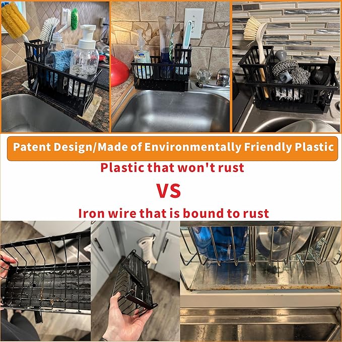 Yieach Rustproof Sink Caddy & Kitchen Sink Organizer,Plastic Dish Sponge Holder with High Scrub Brush Holder,Sponge Rack for Kitchen Sink,Multifunctional Sponge Drain Rack,Dish Soap Caddy & Dispenser