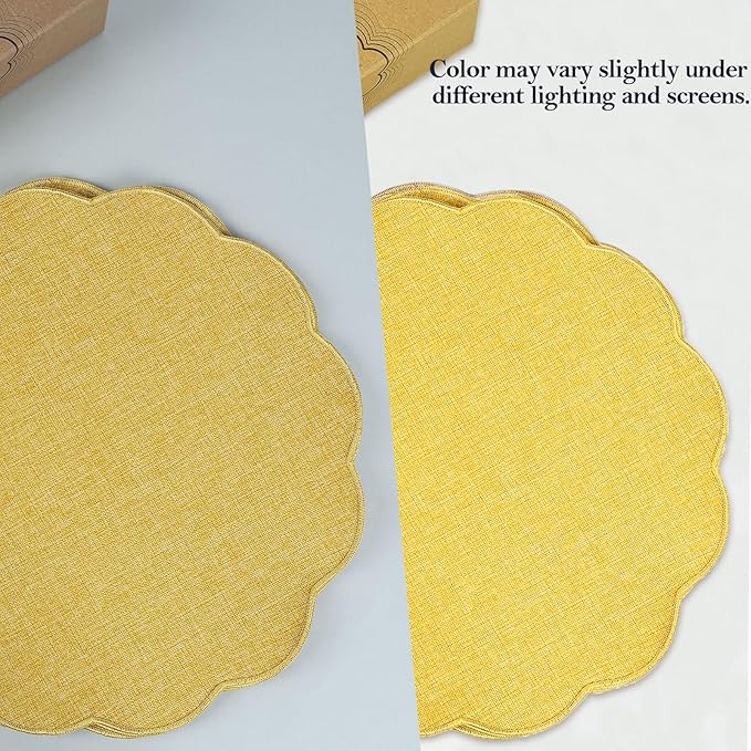AHHFSMEI Round Faux Linen Placemats Set of 6 Heat Resistant Non-Slip Stain Proof Table Mats for Kitchen Dining Elegant Decor Place Mats (Yellow,6)