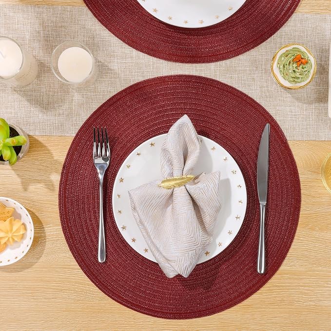 SHACOS Round Placemats Set of 12 for Dining Table 15 inch Round Braided Place Mats Cotton Polyester Washable Non Slip Kitchen Table Mats, Burgundy
